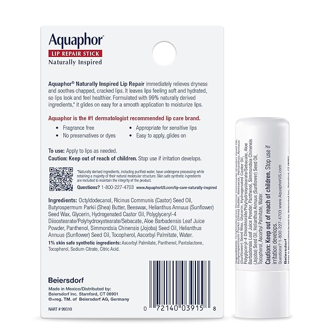 Aquaphor Naturally Inspired Lip Repair Stick with Aloe Vera and Natural Shea Butter, Hydrating Lip Balm Immediately Relieves Dryness and Soothes Chapped Lips, 0.17 Oz Stick, Pack of 3