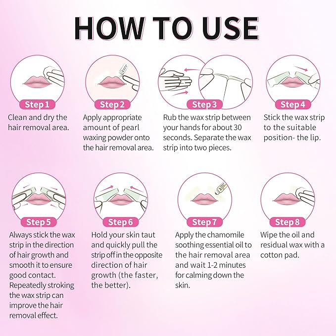 Beauty7 Lip Wax Strips Facial Wax Strips Hair Removal Wax Strips for Sensitive All Skin Types Women 20 pcs with Pearl Powder Essential Oil