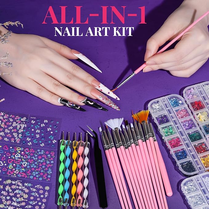 FANDAMEI Nail Art Brushes, Nail Art Kit with 15 Pcs Nail Art Brush, 5 Pcs Dotting Tools, 6 Box Nail Charms and Gems, 10 Sheet Flower Nail Stickers, Complete Nail Decoration Art with Nail Art Brushes
