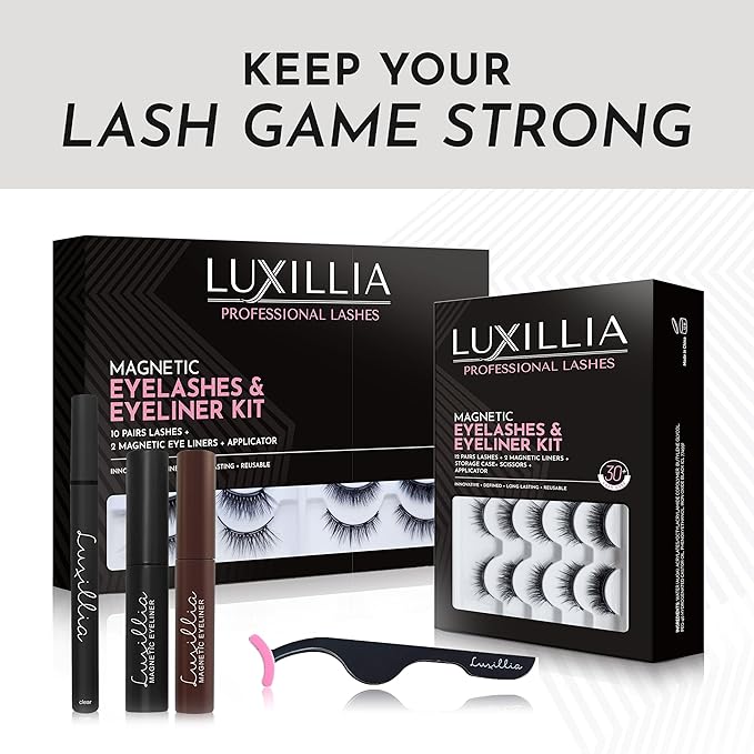 Luxillia Magnetic Eyelashes Kit โ 16 Piece Magnetic Eyelash & Eyeliner Set with Applicator โ Natural Look Easy Apply Reusable Fake Extension Lashes, No Glue โ Pestaรฑas Postizas Magnรฉticas Naturales