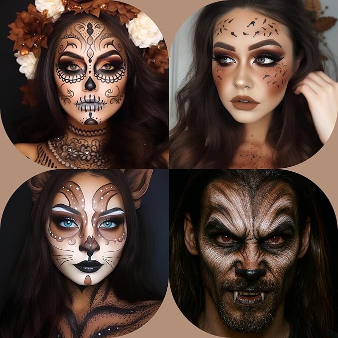 BOBISUKA Brown Face Body Paint, Water-Based Halloween Werewolf Face Painting Kit, Non-Toxic SFX Makeup Facepaints Safe for Kids & Adults Camo Wolfman Costume Cosplay Party
