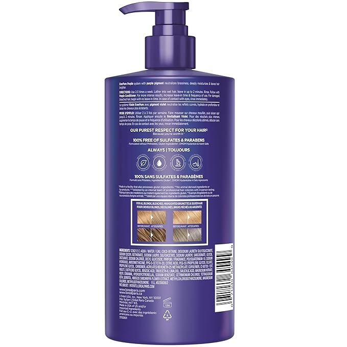 L’Oreal Paris Sulfate Free Brass Toning Purple Shampoo for Blonde, Bleached, Silver, or Brown Highlighted Hair, EverPure, 23 Fl Oz (Packaging May Vary)
