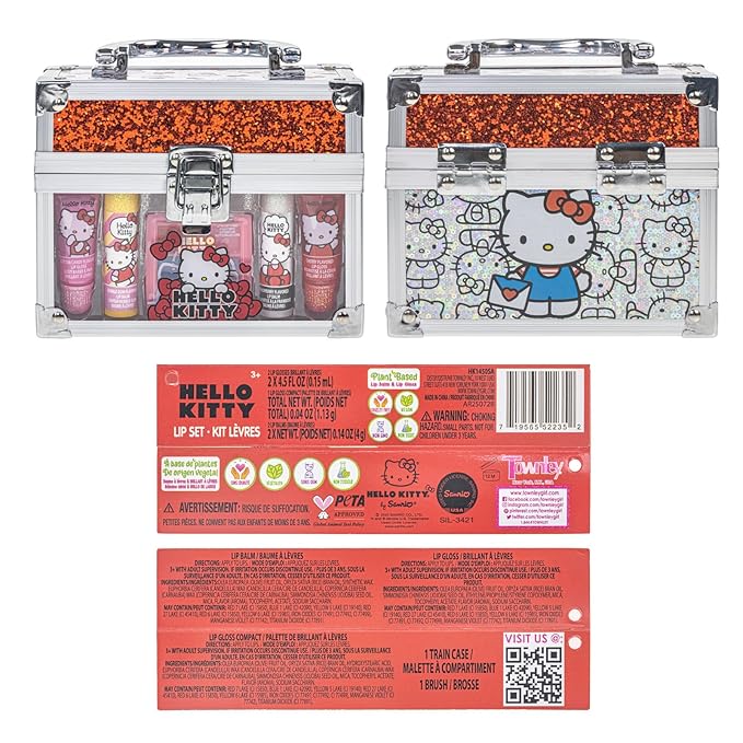 Hello Kitty Beauty Mini Train Case Set Includes Lip Gloss Tube, Lip Balm, Lip Gloss Compact for Girls Party, Sleepovers by Townley Girl