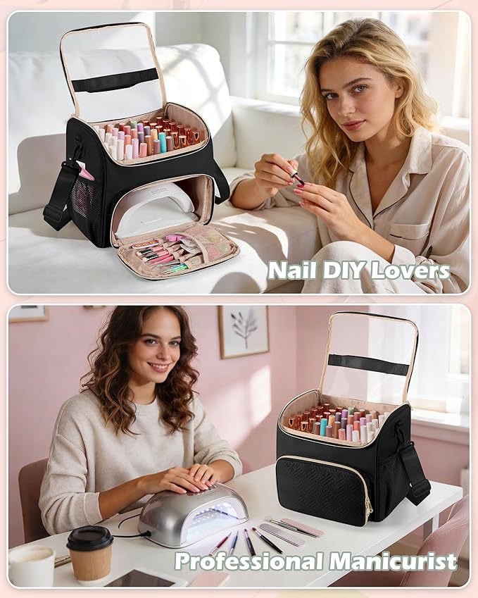 Nail Polish Organizer Bag Holds 42 Bottles(15ml/0.5 fl.oz), Double Layer Nail Storage Case for Gel Polish and Manicure Tools, Travel Nail Bag, Black