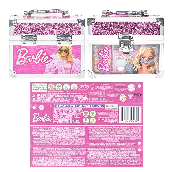 Barbie Beauty Mini Train Case Set Includes Lip Gloss Tube, Lip Balm, Lip Gloss Compact for Girls Party Sleepovers by Townley Girl