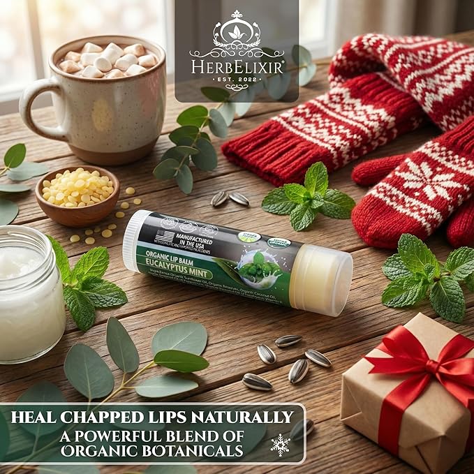 Organic Eucalyptus Mint Lip Balm 3 Pack | Candy Cane Stocking Stuffer | Repairing, Nourishing & Hydrating Therapy for Dry Lips | Natural Care Gift for Men & Women