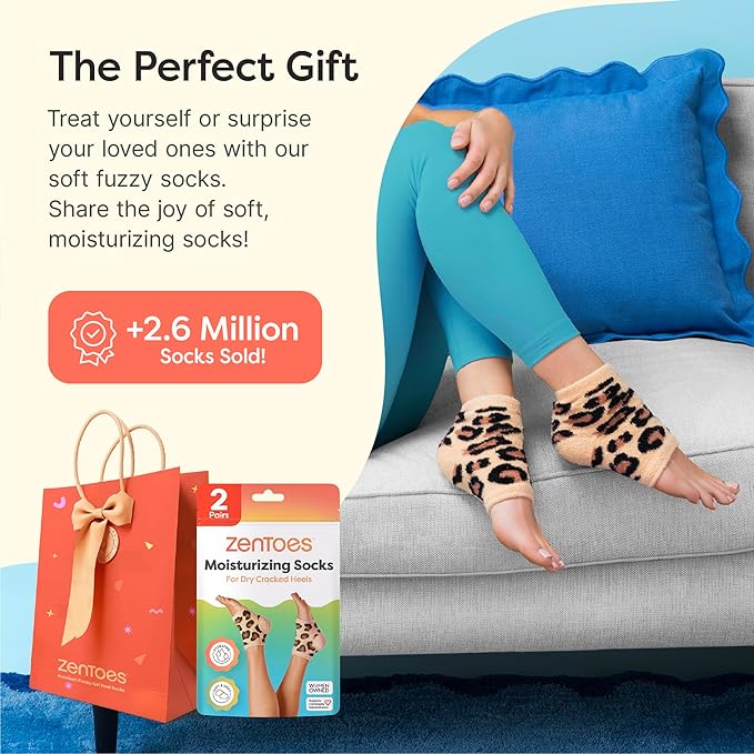 ZenToes Moisturizing Socks for Cracked Heel Treatment, Vitamin E, Olive Oil and Jojoba Oil Infused Heel Socks, Galentines Day Gifts, Self Care Gifts for Women (Cheetah, Regular)