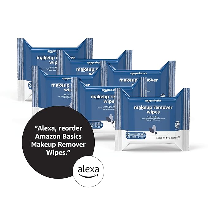 Amazon Basics Makeup Remover Wipes, Gentle Cleansing, Dermatologist Tested, Original, Plant Based, Alcohol-Free, Removes Waterproof Mascara, 25 Count Per Pack, Pack of 6