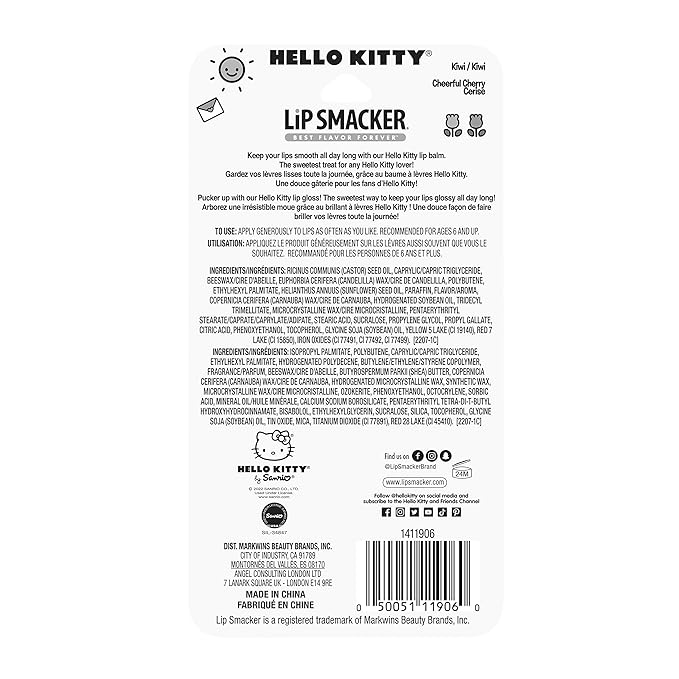 Lip Smacker Lippy Pals Swirls, Sanrio Hello Kitty, Flavored Moisturizing & Smoothing Soft Shine Lip Balm, Hydrating & Protecting Fun Tasty Glossy Finish, Cruelty-Free & Vegan - Cheerful Cherry, Kiwi