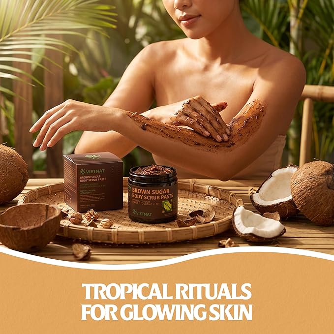 VIETNAT Exfoliating Brown Sugar Body Scrub with Coconut Shreds, Vitamins C, E & B5 – Softens & Refreshes Look of Skin – 8.8 oz