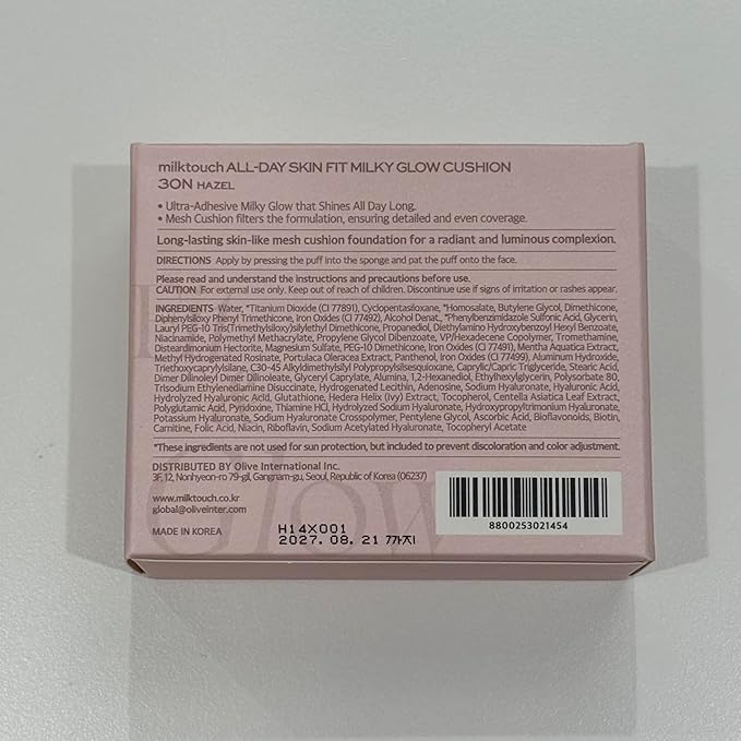 milktouch Cushion Foundation, 24H Flawless Skin, Radiant Shine, No Oxidation, Long-Lasting, Non-Creasing, 60% Hydrating Skincare Infused Korean Foundation (30N Hazel)