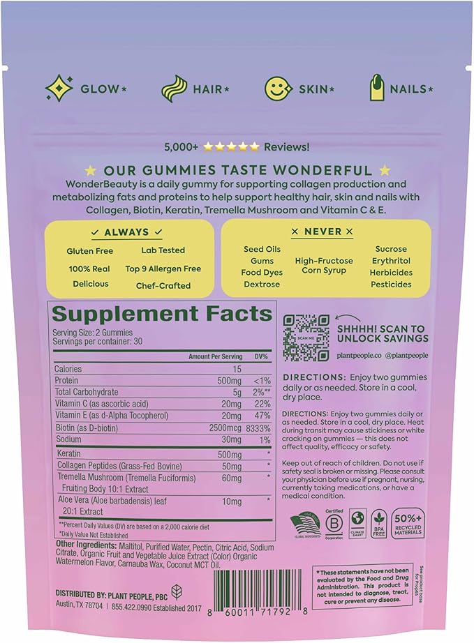 Plant People WonderBeauty Hair, Skin & Nails Rejuvenation Gummies with Tremella Mushroom, Marine Collagen Peptides, Keratin, & Biotin – Watermelon Flavor, 60 Gummies