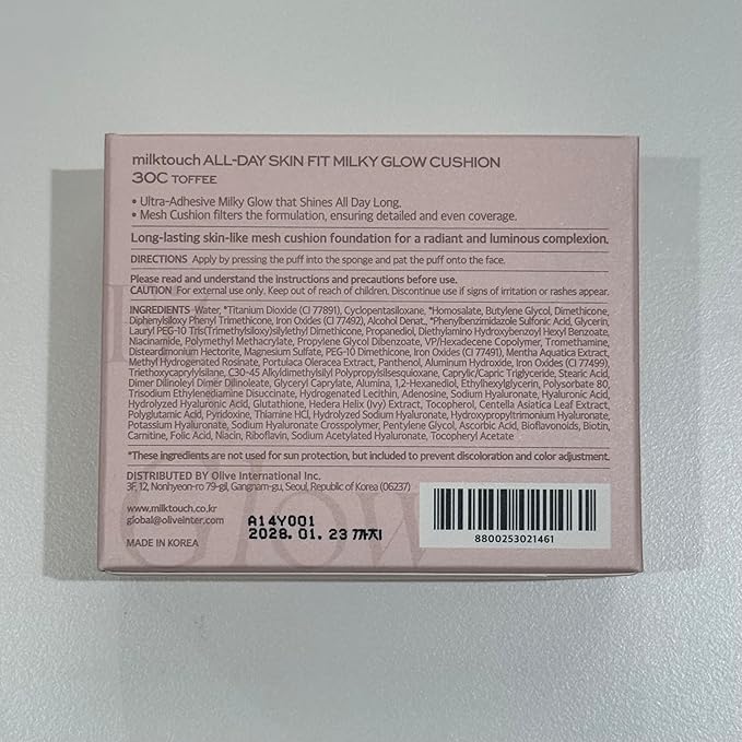 milktouch Cushion Foundation, 24H Flawless Skin, Radiant Shine, No Oxidation, Long-Lasting, Non-Creasing, 60% Hydrating Skincare Infused Korean Foundation (30C Toffee)