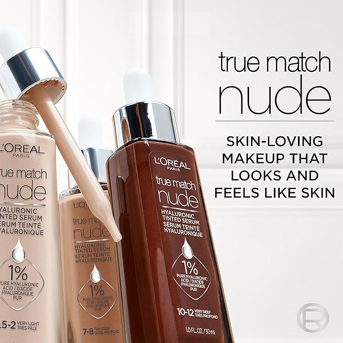 L'Oreal Paris True Match Nude Hyaluronic Tinted Serum Foundation with 1% Hyaluronic acid, Medium Deep 8.5-9.5, 1 fl. oz.