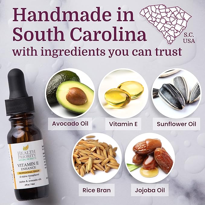 Health Priority Naturals|Vitamin E Oil - for Face/Hair - Organic, Handmade, Non-GMO, Gluten-Free, Vegan - For Scars, Wrinkles, Stretch Marks - Scented, 15,000 IU, 0.5 Fl Oz