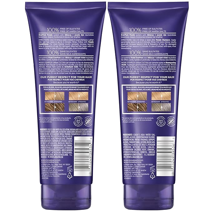 L’Oreal Paris EverPure Sulfate Free Brass Toning Purple Shampoo and Conditioner Set for Blonde, Bleached, Silver, or Brown Highlighted Hair, 1 Kit