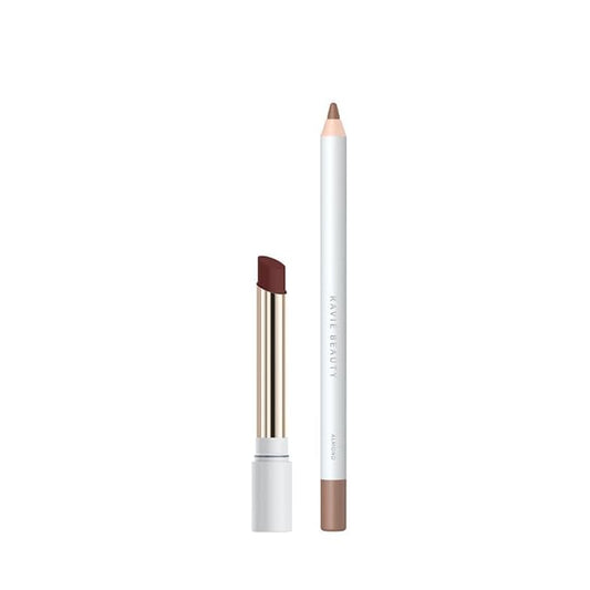 Everyday Neutral Lip Combo - Longwear Soft Definition Lip Liner (Almond) + Hydrating Effortless Lips Balm-Lipstick-Gloss Hybrid (Zinnia) for Natural, Mauve-Brown “Your Lips But Better” Look — Creamy,