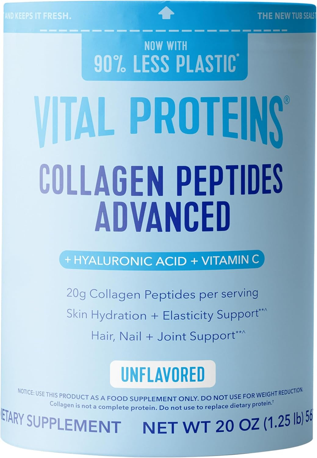 Collagen Peptides Powder Advanced with Hyaluronic Acid & Vitamin C, 20Oz Collagen Protein, Unflavored, 27 Servings