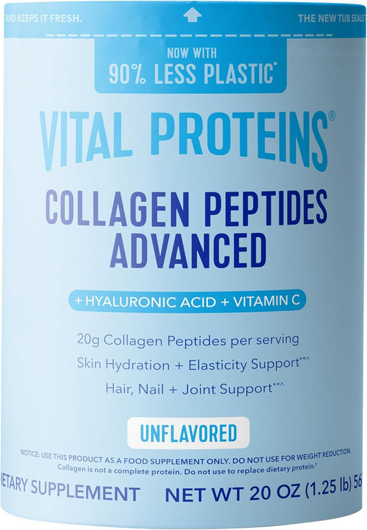 Collagen Peptides Powder Advanced with Hyaluronic Acid & Vitamin C, 20Oz Collagen Protein, Unflavored, 27 Servings
