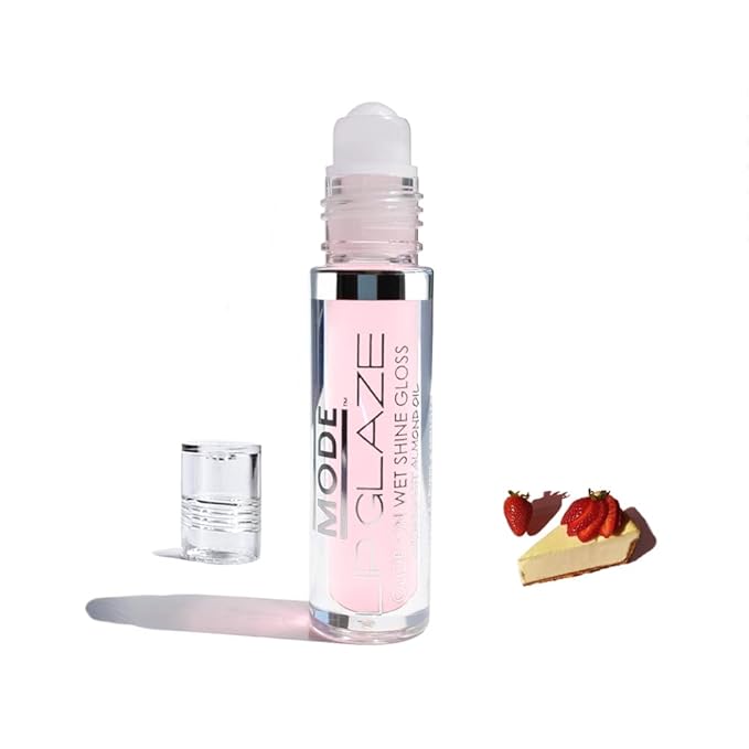 MODE Lip Glaze Flavored Lip Gloss Yummy STRAWBERRY CHEESECAKE Flavor Roll On Sweet Wet Nourising Shine, Moisturizing Natural Skincare Fruit Oils
