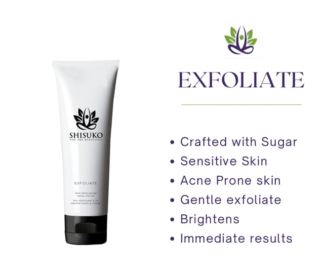Shisuko Exfoliating Face Polish - Renewed Glow 2in1 gentle cleanser derived from Sugar. Smooths and Brightens without drying. Rapid results, using 2-3 X a week, can last up to 3 Mo - 3.38 oz