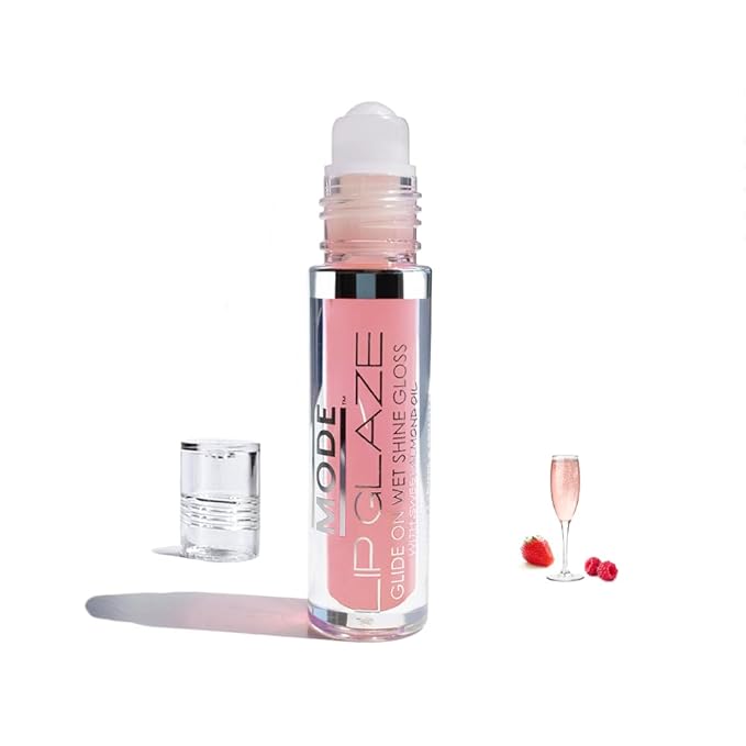 MODE Lip Glaze Flavored Lip Gloss Yummy PINK CHAMPAGNE Delicious Flavor, Roll On Sweet Wet Nourishing Shine, Hydrating Moisturizing Natural Skincare Fruit Oils, Made in NY USA