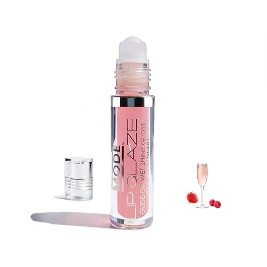 MODE Lip Glaze Flavored Lip Gloss Yummy PINK CHAMPAGNE Delicious Flavor, Roll On Sweet Wet Nourishing Shine, Hydrating Moisturizing Natural Skincare Fruit Oils, Made in NY USA