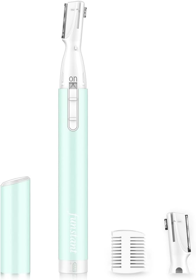 Funstant Eyebrow Trimmer for Women, Precision Facial Hair Trimmer for Chin, Lips, Neck, Upper Lip & Cheeks, Battery Operated Dual-Blade Groomer with Comb Attachment, Painless Portable Electric Shaper