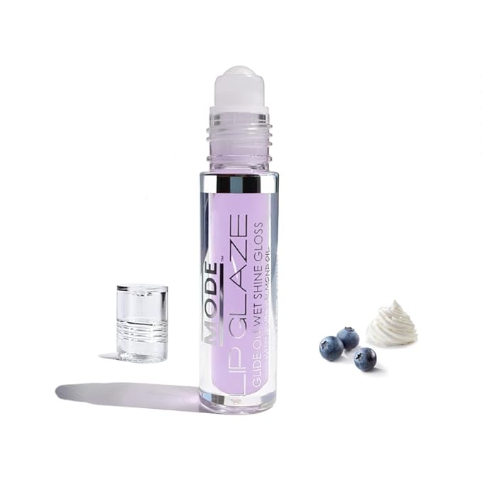 MODE Lip Glaze Flavored Lip Gloss BLUEBERRY CREAM Delicious Yummy Flavor, Roll On Sweet Wet Nourishing Shine, Hydrating Moisturizing Natural Skincare Fruit Oils, Made in NY USA