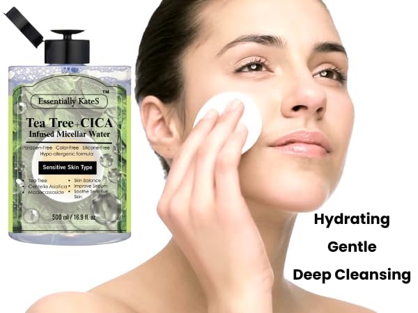 Essentially KateS Makeup Remover Micellar Cleansing Water 16.9 Fl Oz with Hyaluronic Acid & Tea Tree, Hydrating and Suitable for Sensitive Skin - Eyes+Face+Lips - Korean Skin Care