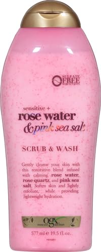 OGX Sensitive + Rose Water & Pink Sea Salt Exfoliating Body Scrub + Rose Quartz, Gentle Exfoliating Daily Body Wash Softens Skin, Body Scrub for Women, Sulfate-Free Surfactants, 19.5 fl oz (Pack of 3)