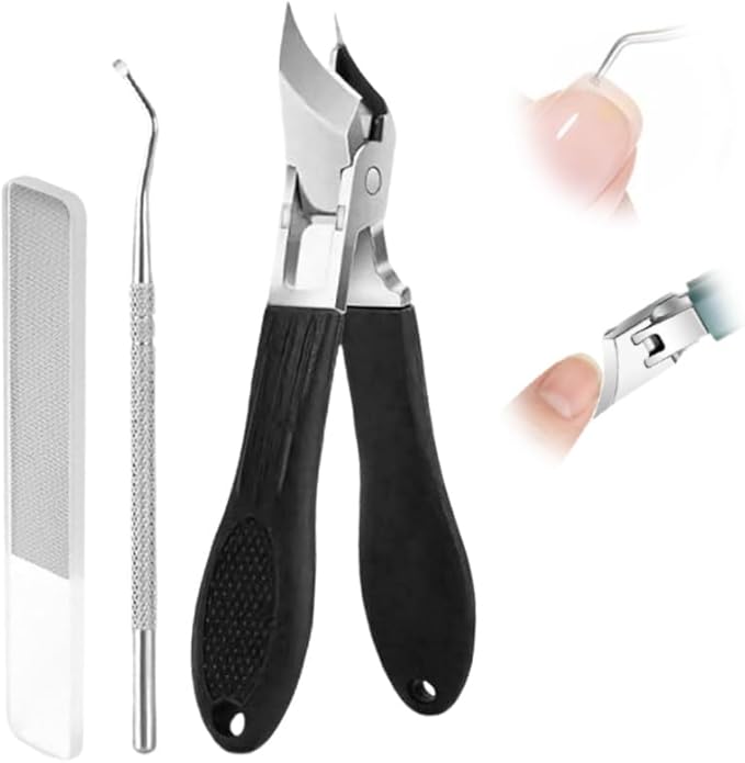 Splashproof 25° Beveled Edge Nail Clippers 3-Piece Set, New Long Handle Wide Jaw Opening Anti-Splash Slanted Nail Clipper for Thick and Ingrown Nails,Includes Nail File for Complete Nail Care (Black)
