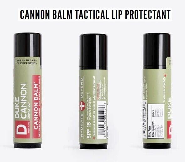 Duke Cannon Balm Tactical Lip Balm 3-Pack with SPF 15, 0.56oz – Premium Lip Protector with Organic Ingredients, Fresh Mint Flavor, Natural Beeswax, Coconut & Shea Butter, UV Protection