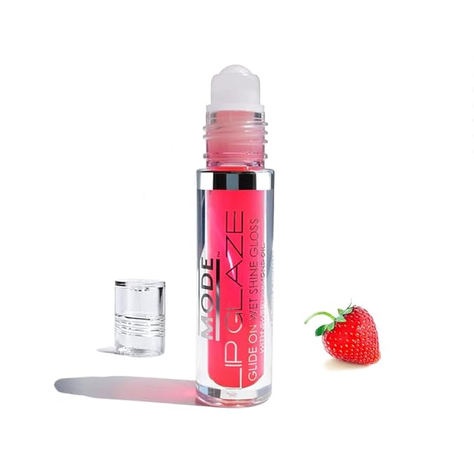 MODE Lip Glaze Flavored Lip Gloss STRAWBERRY Delicious Yummy Flavor, Roll On Sweet Wet Nourishing Shine, Hydrating Moisturizing Natural Skincare Fruit Oils, Made in NY USA