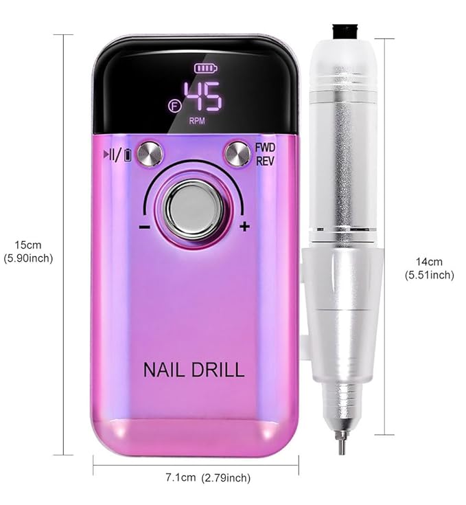ANRLO Professional Electric Nail Drill, 45000 RPM Cordless Rechargeable E-File Machine, with 12 Bits, Sanding Bands, LCD Display for Acrylic Gel Nails (DMJ-V6-Purple)