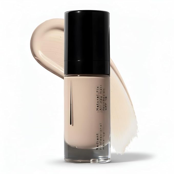 Radiant Professional Natural Fix All Day Matte Cream Foundation Makeup – Long Wear, Full Coverage Matte Foundation with SPF 15 – Oil Free Lightweight Formula for All Skin Types – 1.01oz (00 Alabaster)