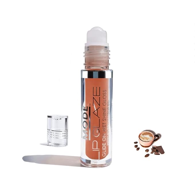 MODE Lip Glaze Hot Cocoa Mocha Flavored Lip Gloss, Yummy Flavor, Roll On Sweet Wet Deliciously Nourishing Shine, Hydrating Moisturizing Natural Skincare Fruit Oils, Made in NY, Vegan