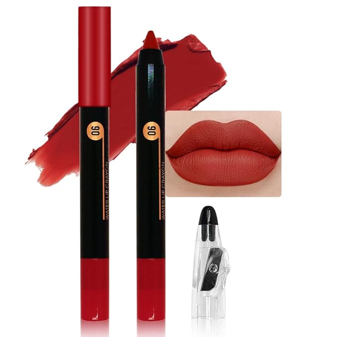 Classical Red Matte Lip Liner Crayon with Sharpener - Waterproof Smudgeproof Long-Wear Lip Pencil, Creamy Pigmented Lip Crayon for Women, 12HR Stay Silky Velvet Lip Liner 06#