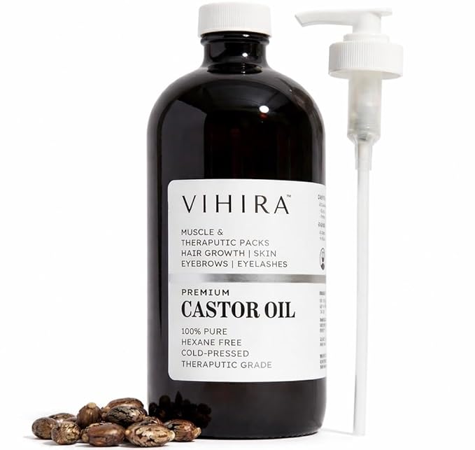 Vihira Organic Golden Castor Oil (16oz | Premium Grade), True Cold Pressed, 100% Pure, Extra Virgin, Hexane Free, for Hair Growth, Eyelash, Eyebrow, Skin, Belly Button, Muscle & Wellness.