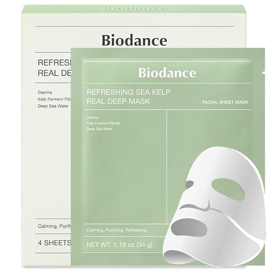BIODANCE Refreshing Sea kelp Real Deep Mask, Overnight Hydrogel Mask, Calming, Oil & Sebum Control, Blemish Care, Korean Skincare, Stocking Stuffers for Teen Girls | 1.19oz(34g) x 4ea
