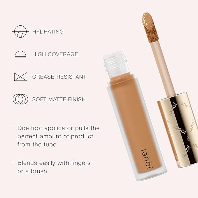 Jouer Essential High Coverage Liquid Concealer - Brightening Concealer - Color Corrector for Under Eye Dark Circles, Spot Coverage, and Eye Primer - Soft Matte Finish, Creme