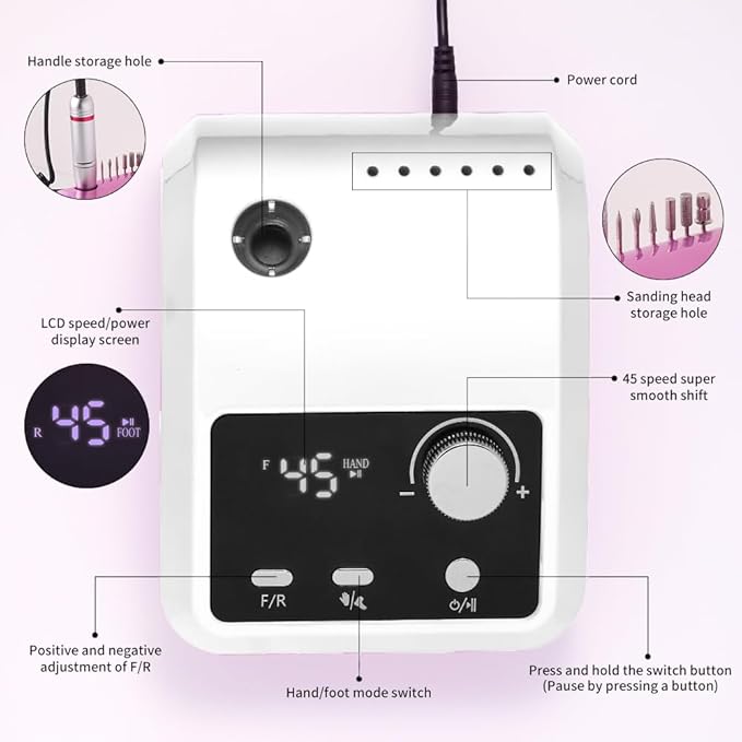 ANRLO Professional Electric Nail Drill, 45000 RPM Cordless Rechargeable E-File Machine, with 12 Bits, Sanding Bands, LCD Display for Acrylic Gel Nails (DMJ-204-White-US)