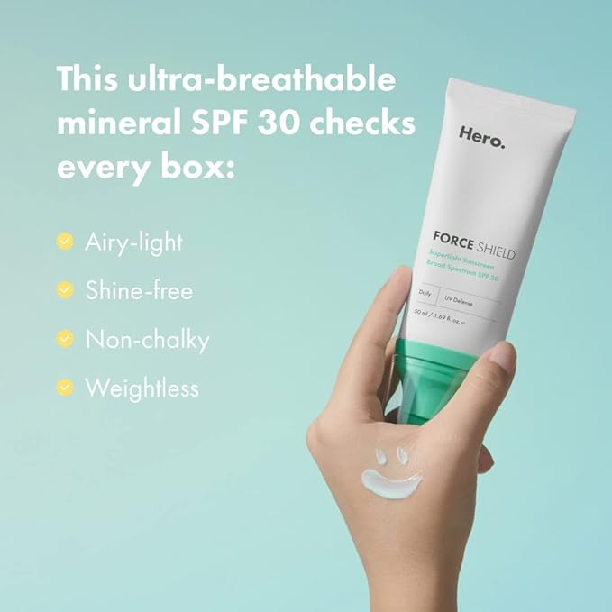 Hero Cosmetics Force Shield Superlight Sunscreen SPF 30 - Everyday Lightweight Sunscreen for Face & Acne-Prone Skin with Zinc Oxide - Fragrance Free 50 ml
