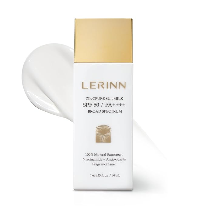 Lerinn ZincPure Sunmilk SPF 50 PA++++, 100% Mineral Zinc Oxide Face Sunscreen, Broad Spectrum UVA/UVB, Lightweight, No White Cast, Fragrance-Free Daily Moisturizer for Sensitive Skin (40 ml)