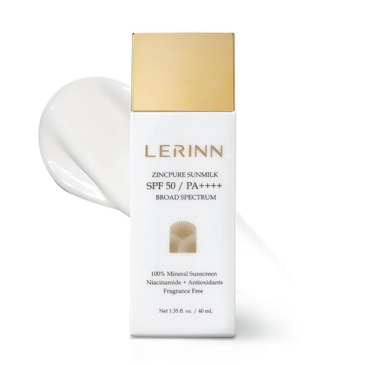 Lerinn ZincPure Sunmilk SPF 50 PA++++, 100% Mineral Zinc Oxide Face Sunscreen, Broad Spectrum UVA/UVB, Lightweight, No White Cast, Fragrance-Free Daily Moisturizer for Sensitive Skin (40 ml)
