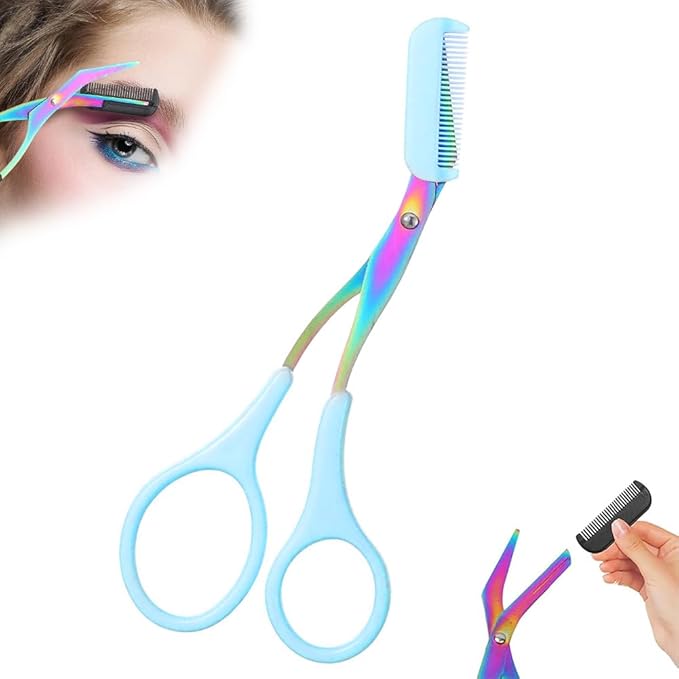 2 in 1 Eyebrow Scissors with Comb, Precision Stainless Steel Eyebrow Trimmer Cutter, Non-Slip Grooming Scissors for Men & Women, Portable Facial Hair Removal Makeup Tool (Blue, 1Pcs)
