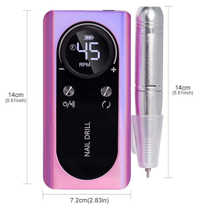 ANRLO Professional Electric Nail Drill, 45000 RPM Cordless Rechargeable E-File Machine, with 12 Bits, Sanding Bands, LCD Display for Acrylic Gel Nails (DMJ-V2-USB-colour)