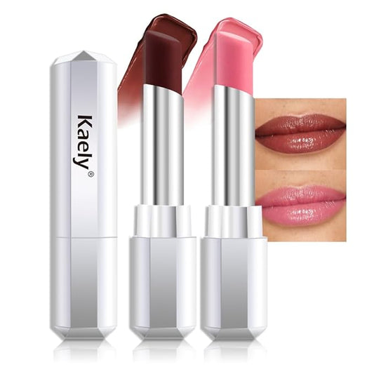 Kaely 2Pcs Honey Lipstick Tinted Lip Balm, Hydrating Shine Lipstick for Women Dry Lips, Moisturizing Nourishing Glossy Lip Gloss Stain Makeup, Sheer Lightweight, Vegan, 00+02 Pink