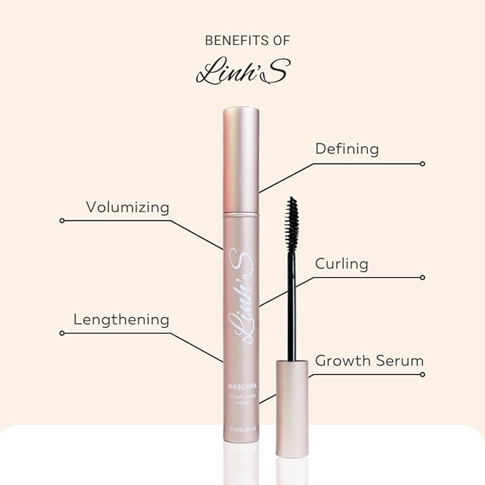 Linh’s | Growth Serum Mascara-Infused Ultra-Black washable for Longer, Voluminous Lashes – Smudge-Proof & Clump-Free | Growthing, Lengthening, Defining, Curling