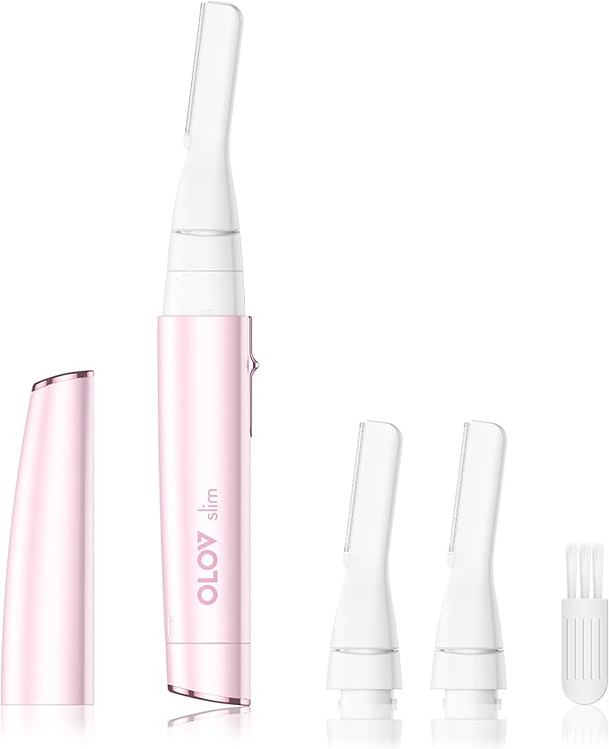 OLOV slim Facial Hair Removal for Women, Painless Eyebrow Trimmer with Pivoting Head, Electric Battery Operated Body Hair Remover with 2 Replaceable Blade for Face Neck Chin Bikini, Pink